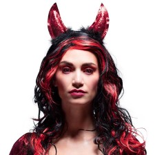 Perruque démoniaque Halloween aux cheveux rouges et noirs