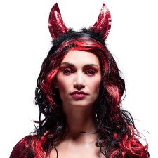 Perruque démoniaque Halloween aux cheveux rouges et noirs