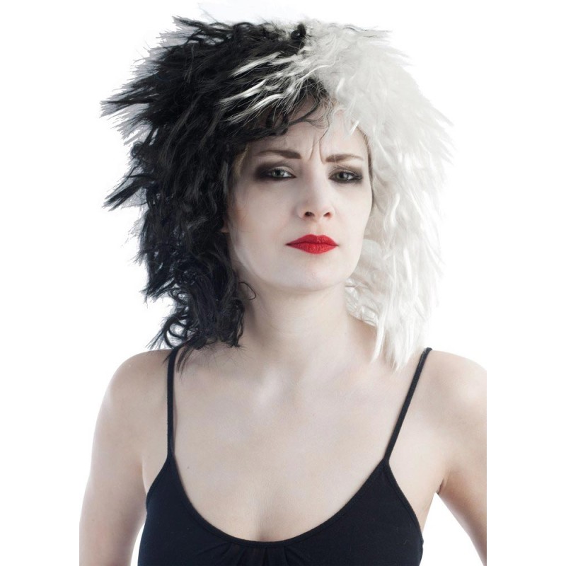 Perruque Cruella D'Enfer Noire Et Blanche - Demi-Frange Ondulée - Inclut Bonnet, Collier Et Masque Yeux - Pour Cosplay, Halloween, Fêtes Déguisées