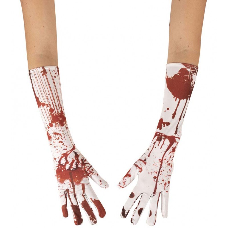 Paire de deux gants longs blancs avec des tâches de sang pour Halloween
