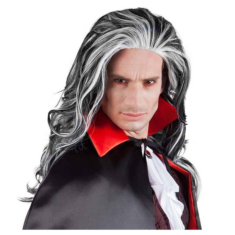 Perruque de vampire aux cheveux noirs et blancs style Dracula pour homme