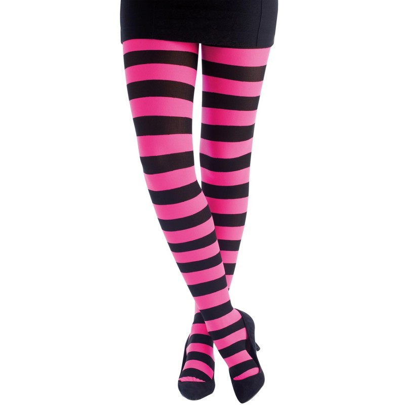 Collant rayé rose fluo et noir pour déguisement Collant rayé rose fluo et noir pour déguisement