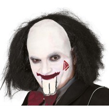 Perruque de psychopathe avec crâne blanc et cheveux noirs Halloween