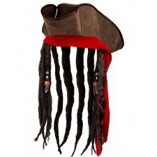 Chapeau de pirate marron avec bandeau rouge et cheveux
