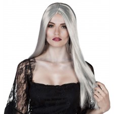 Perruque d'Halloween femme aux cheveux longs gris