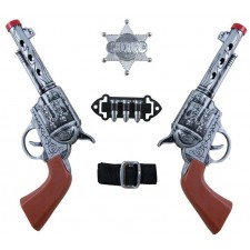 Pack d'accessoires western cowboy avec deux revolvers, une étoile de shériff et une ceinture avec des balles