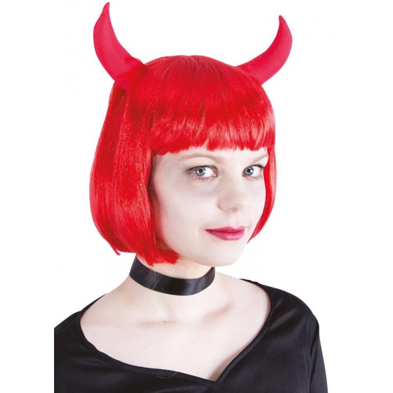 Perruque de diablesse rouge avec cornes Halloween